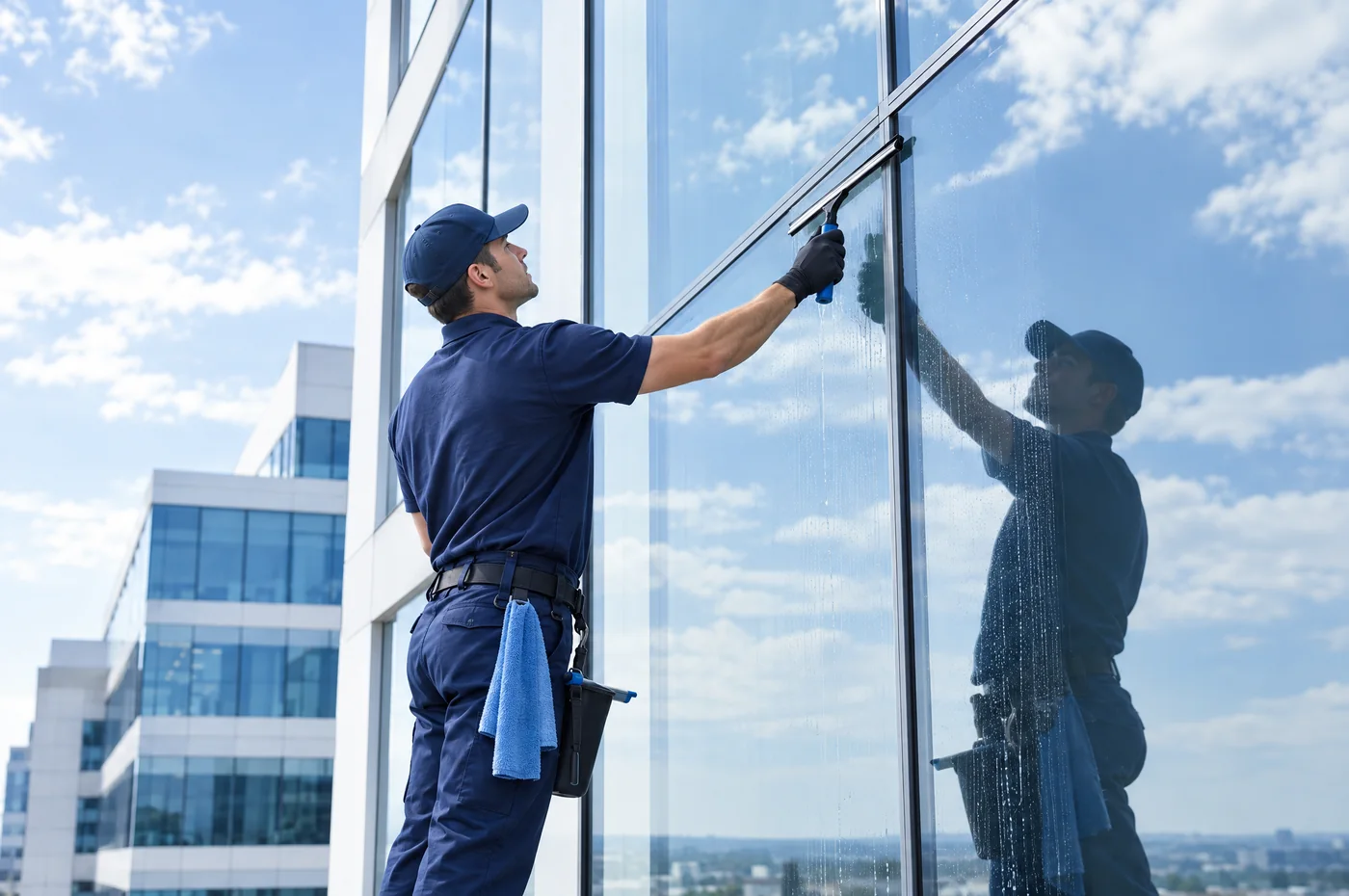 Ein Mitarbeiter zieht mit dem Abzieher eine Glasfassade ab, dahinter blauer Himmel