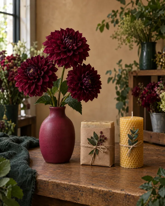 Drei dunkelrote Dahlien in beerenfarbener Vase, daneben verpackte Seife und eine Bienenwachskerze