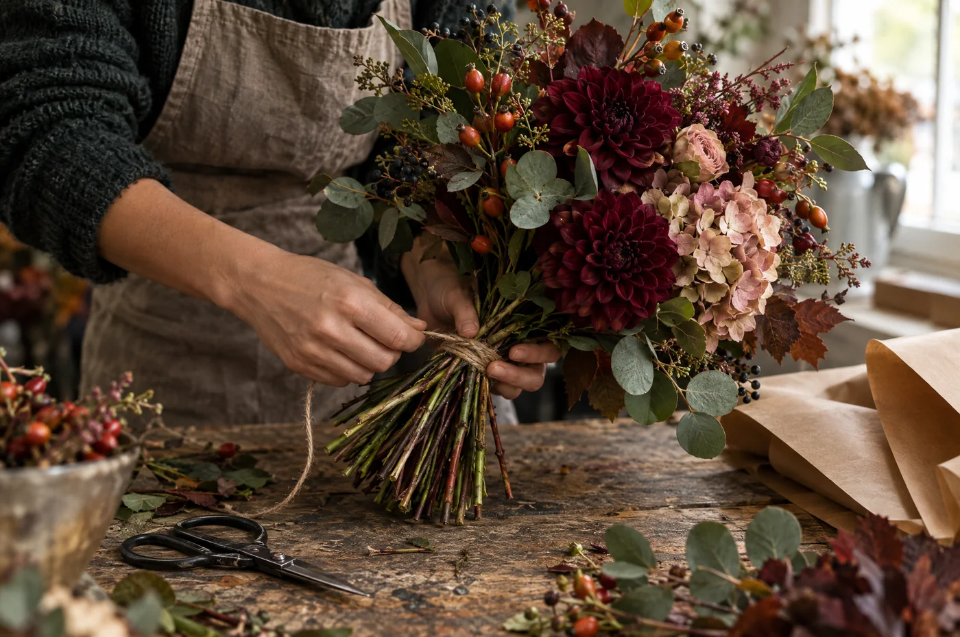 Zwei Hände binden auf der Werkbank einen Herbststrauß aus Dahlien, Hortensie und Hagebutte mit Jutegarn