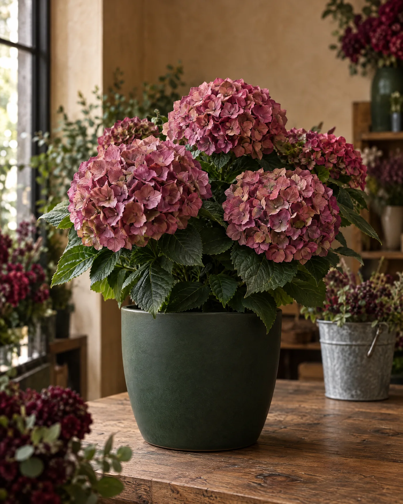 Hortensie mit altrosa Blütenbällen in einem dunkelgrünen Keramiktopf auf der Werkbank