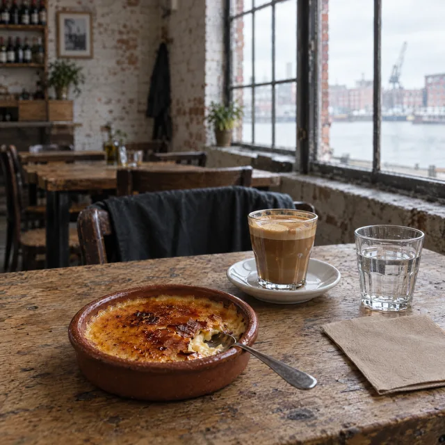 Crema Catalana mit karamellisierter Kruste in der Cazuela, daneben ein Cortado und ein Glas Wasser