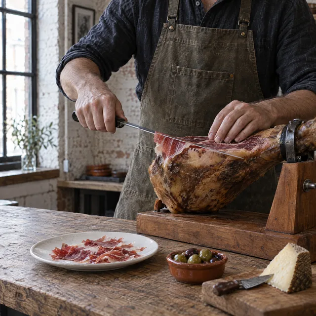 Jonas schneidet am Tresen Jamón Serrano vom Knochen, daneben Manchego und Oliven