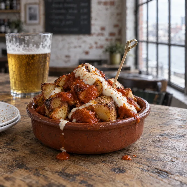 Patatas bravas mit Tomatensauce und Aioli in der Cazuela, daneben ein Bier