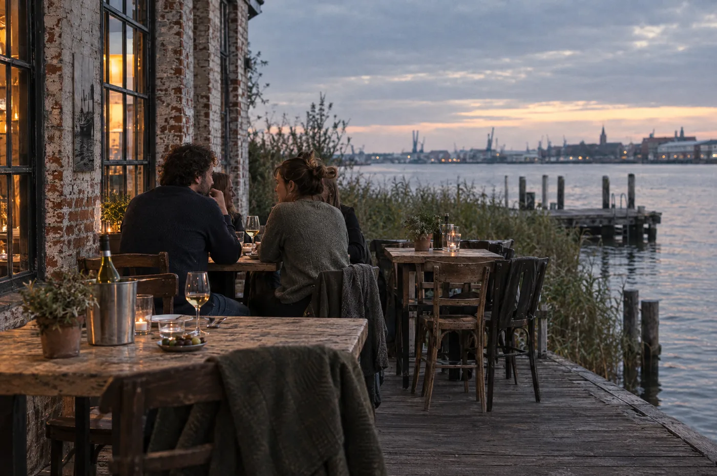Die Terrasse der Bodega Marea am Abend: Gäste an Holztischen am Wasser, dahinter der Hafen