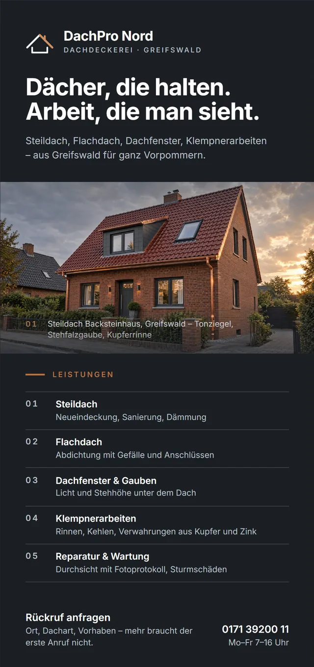 Vorderseite des Flyers: DachPro Nord, Claim „Dächer, die halten. Arbeit, die man sieht.“, Projektbild und fünf Leistungen