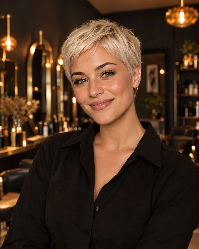 Porträt von Greta mit platinblondem Pixie-Schnitt