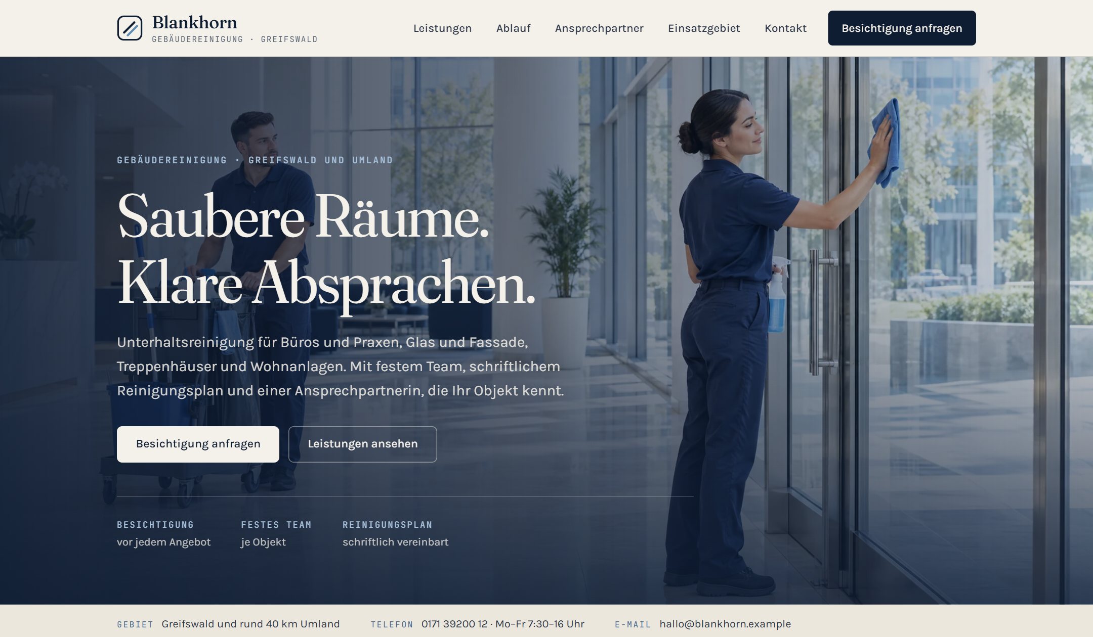 Startansicht der Beispiel-Website Blankhorn Gebäudereinigung