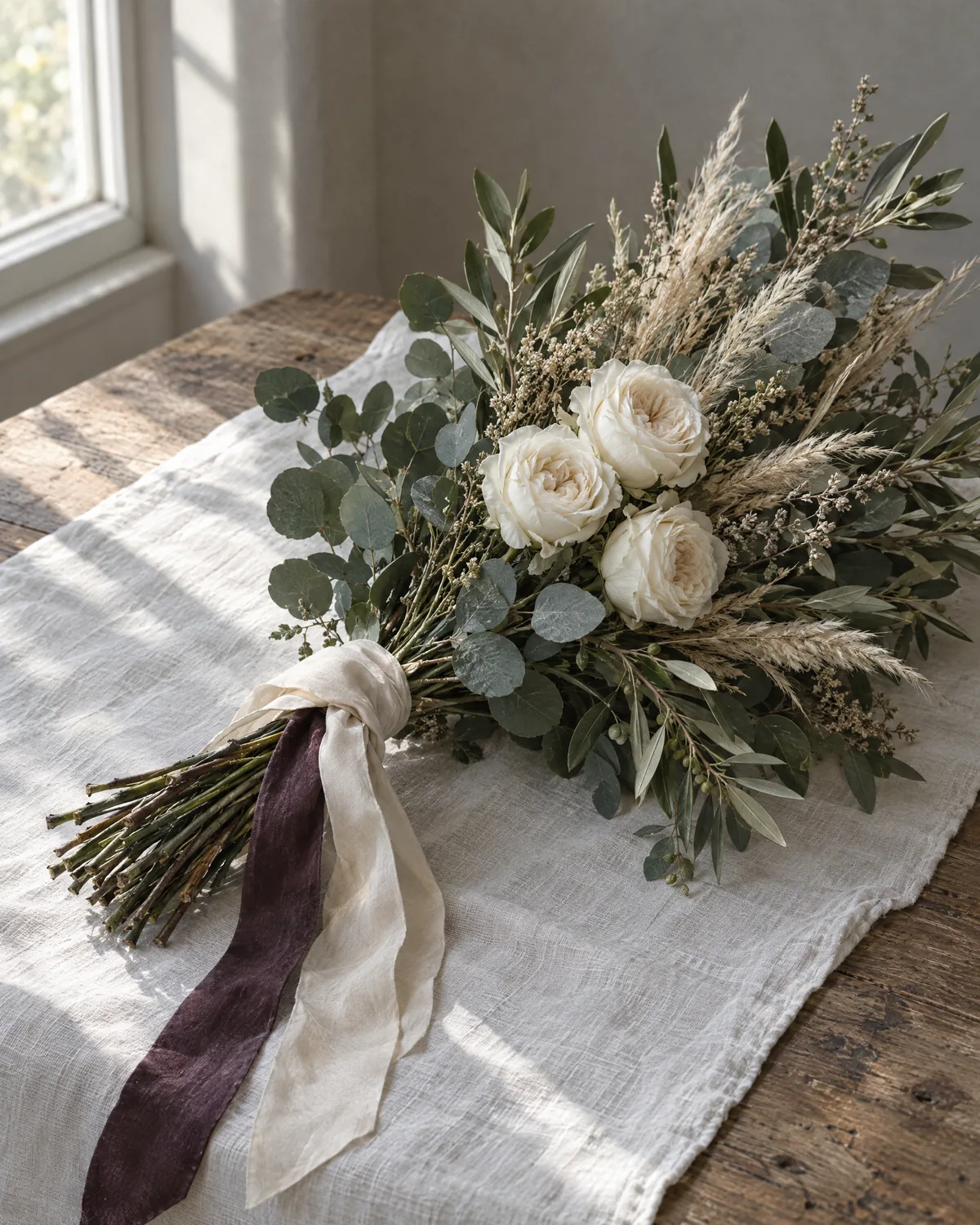 Gebundene Garbe aus Eukalyptus, Olivenzweigen, hellen Gräsern und drei cremeweißen Rosen auf einem Leinentuch, mit breitem Seidenband und einem pflaumenfarbenen Bandende