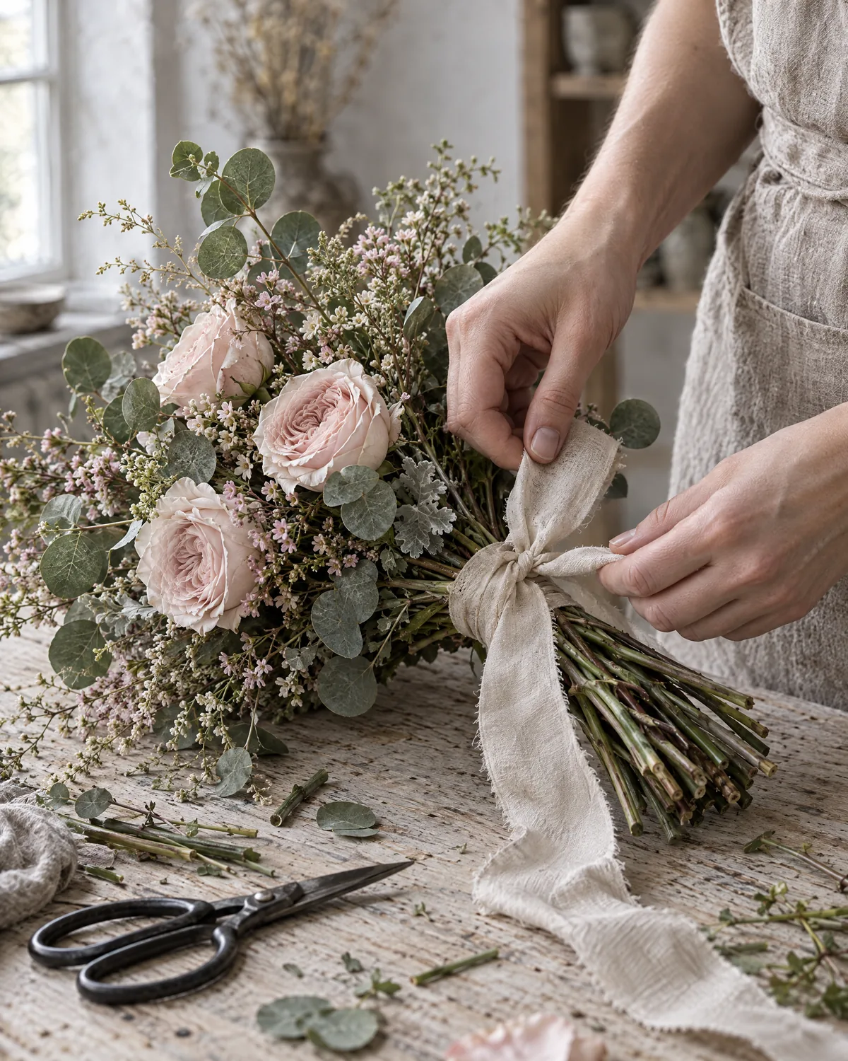 Zwei Hände binden ein breites, ungefärbtes Seidenband um die Stiele eines kleinen Straußes aus puderrosa Rosen und Eukalyptus auf dem hellen Werktisch