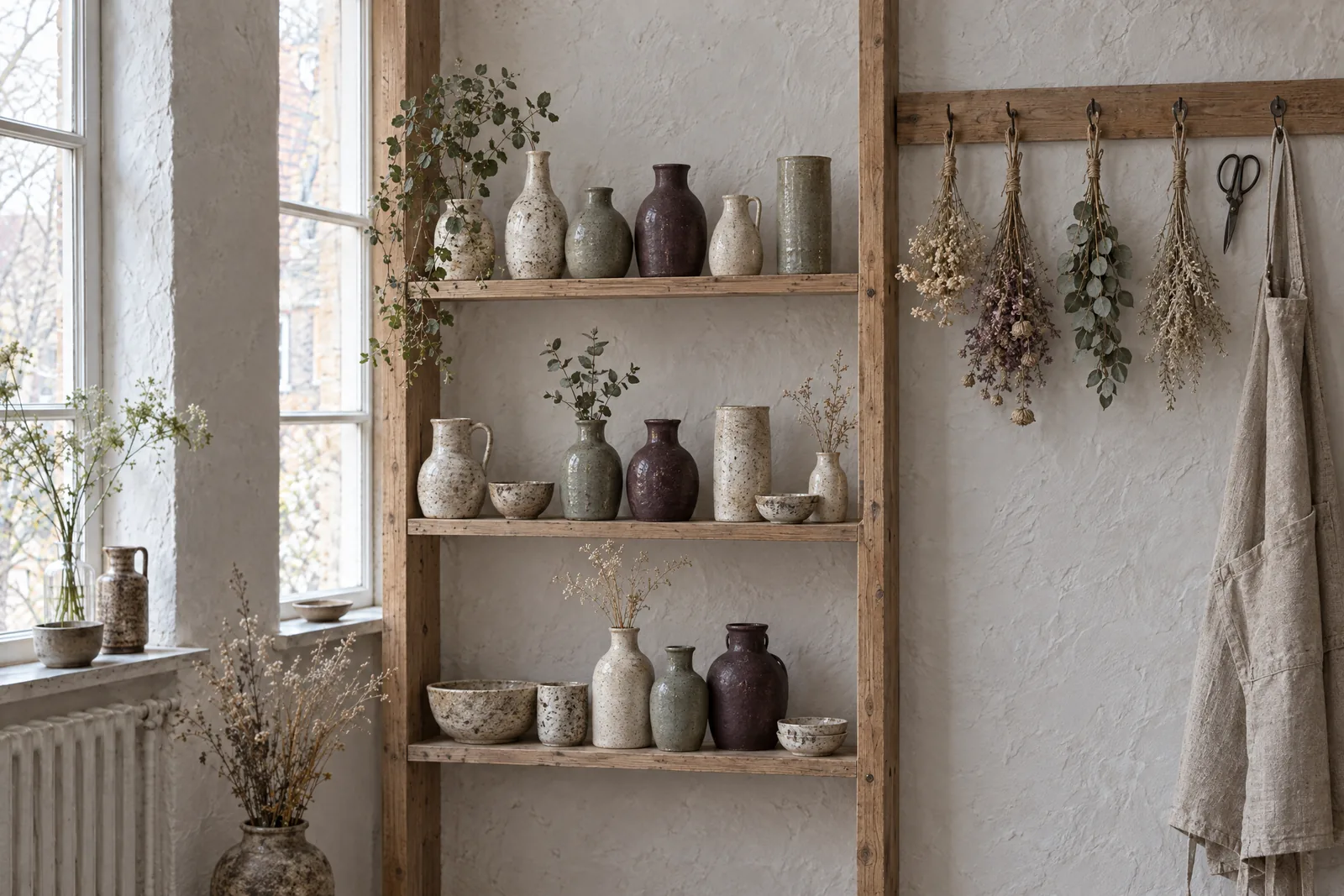 Holzregal vor kalkweißer Wand mit matten Steinzeugvasen in Creme, Salbei und Pflaume, darüber hängen kleine Trockenbündel kopfüber an einer Leiste, daneben eine Leinenschürze am Haken