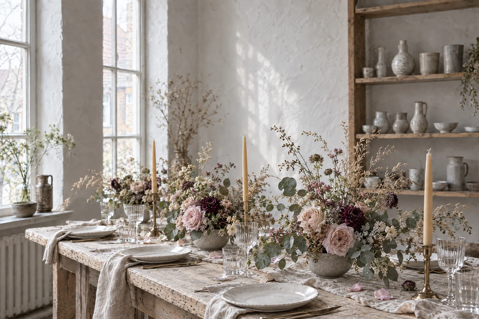 Lange Holztafel im Atelier mit niedrigen Arrangements in Steinzeugschalen, Leinenläufer, weißem Geschirr, Gläsern und unangezündeten Kerzen in Messinghaltern
