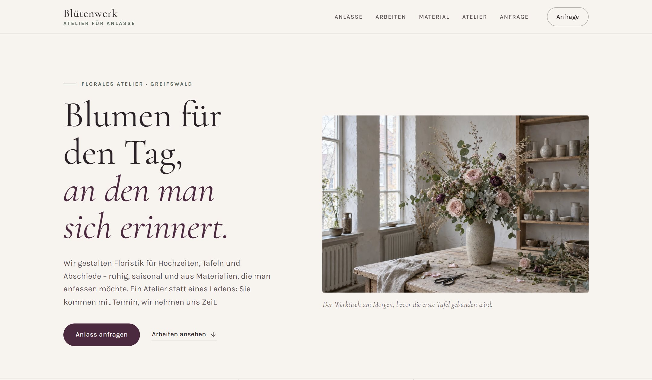 Startansicht der Beispiel-Website Blütenwerk