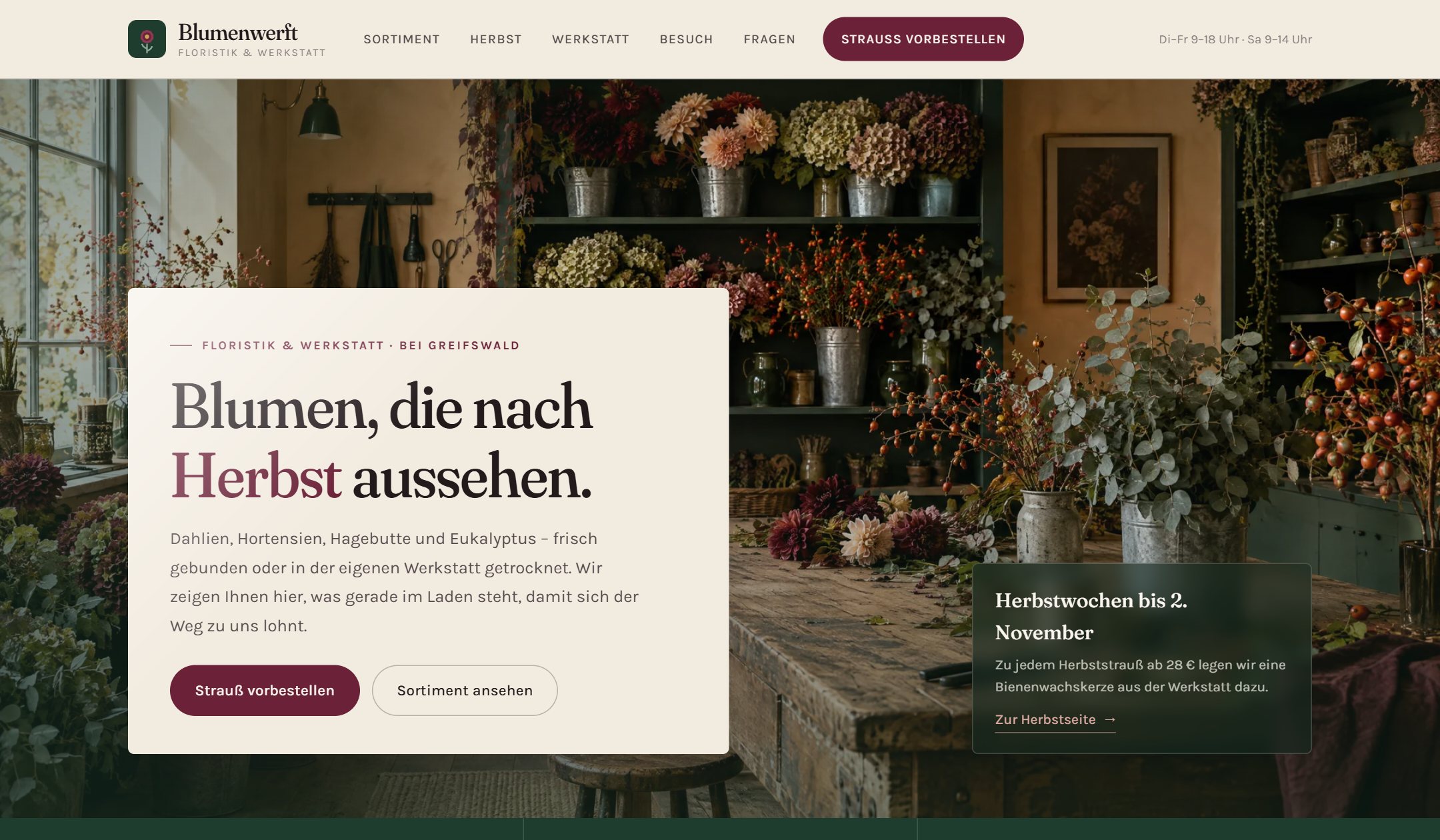 Startansicht der Beispiel-Website Blumenwerft
