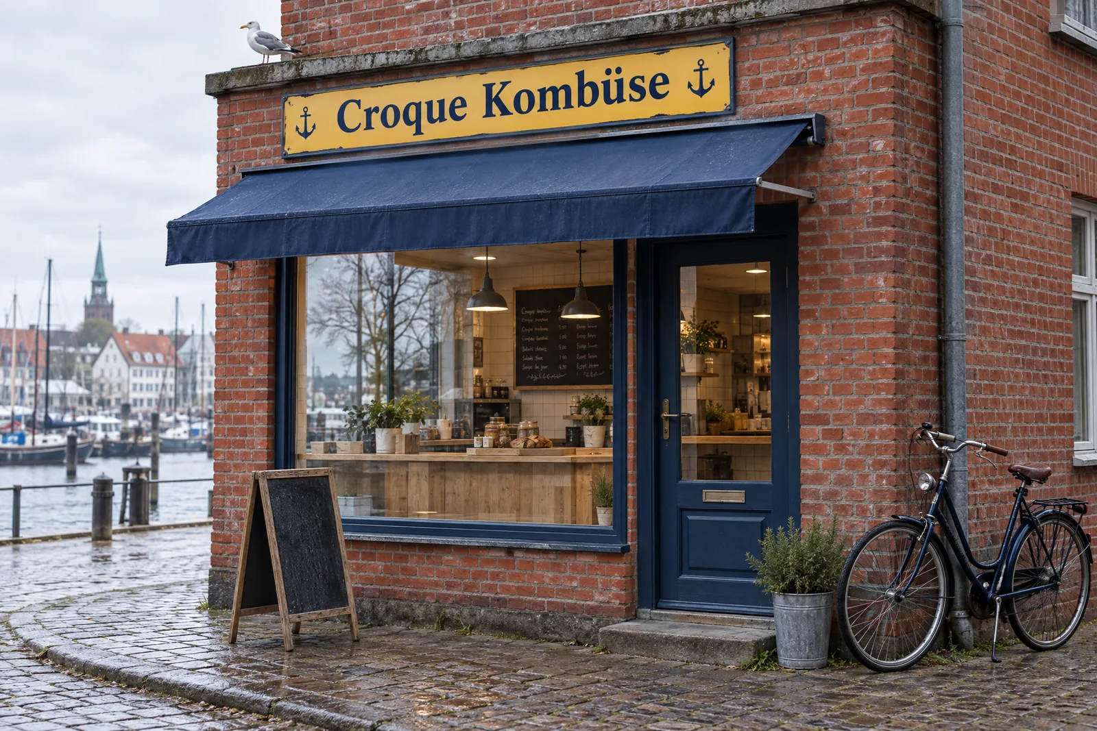 Der Laden von außen: Backsteinecke, blaue Markise, gelbes Schild „Croque Kombüse“, ein Fahrrad an der Wand, dahinter der Hafen