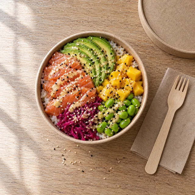 Lachs Bowl von oben: Reis, Lachs, Avocado, Mango, Edamame und Sesam in der Papierschale