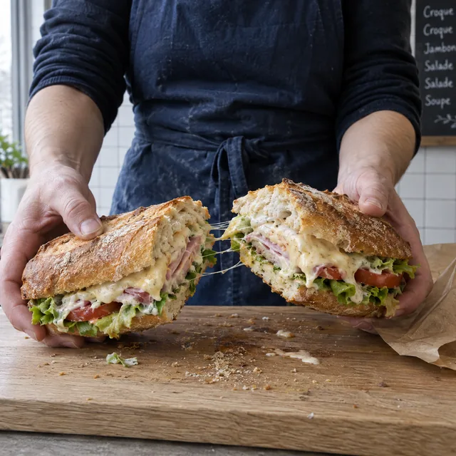 Zwei Hälften eines überbackenen Croques mit Käsefäden auf dem Holzbrett