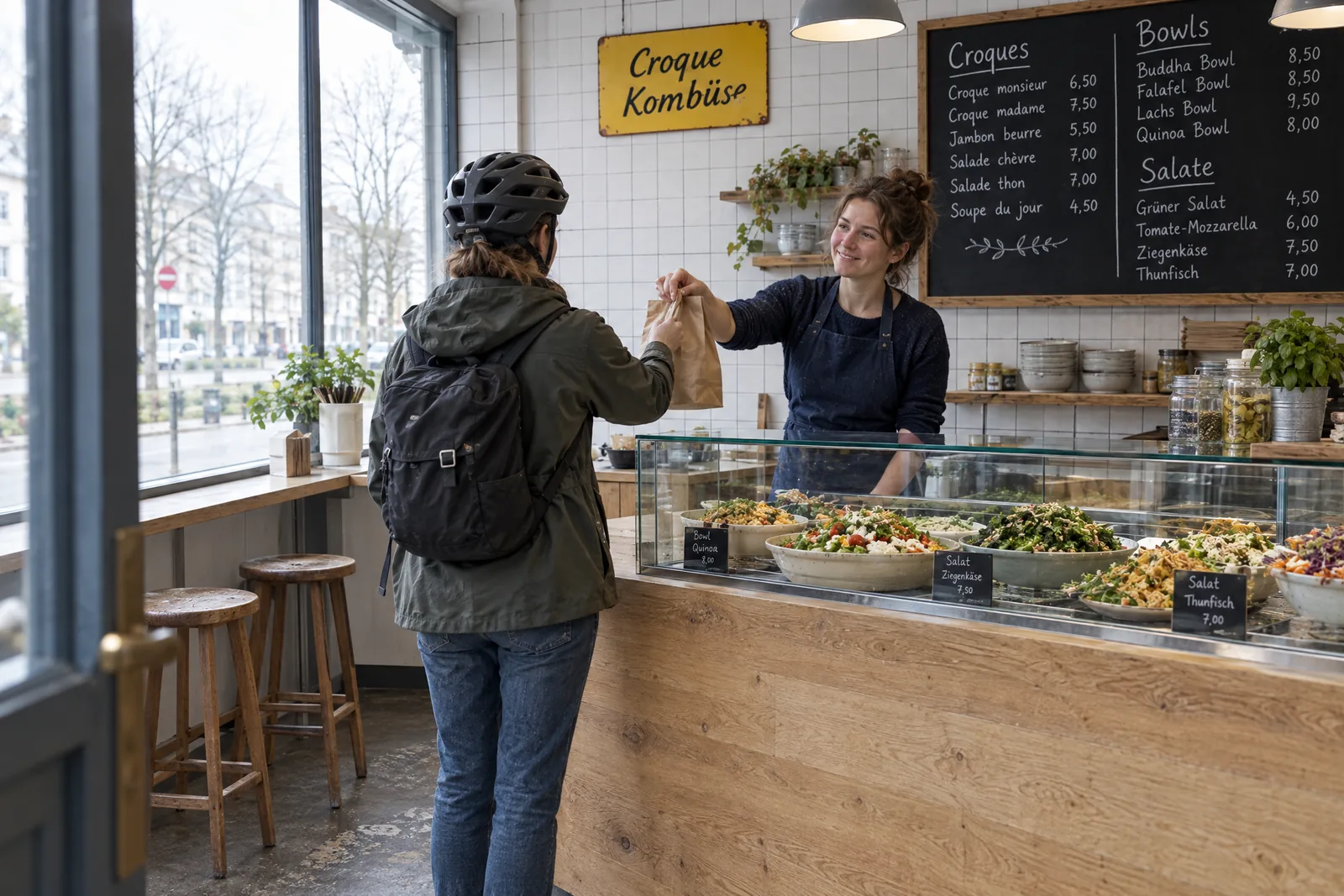 Der Laden von der Tür aus: Holztresen mit Vitrine voller Salate und Bowls, die Tafel mit der Karte, das gelbe Schild „Croque Kombüse“ und eine Mitarbeiterin, die einer Kundin mit Fahrradhelm eine Papiertüte reicht