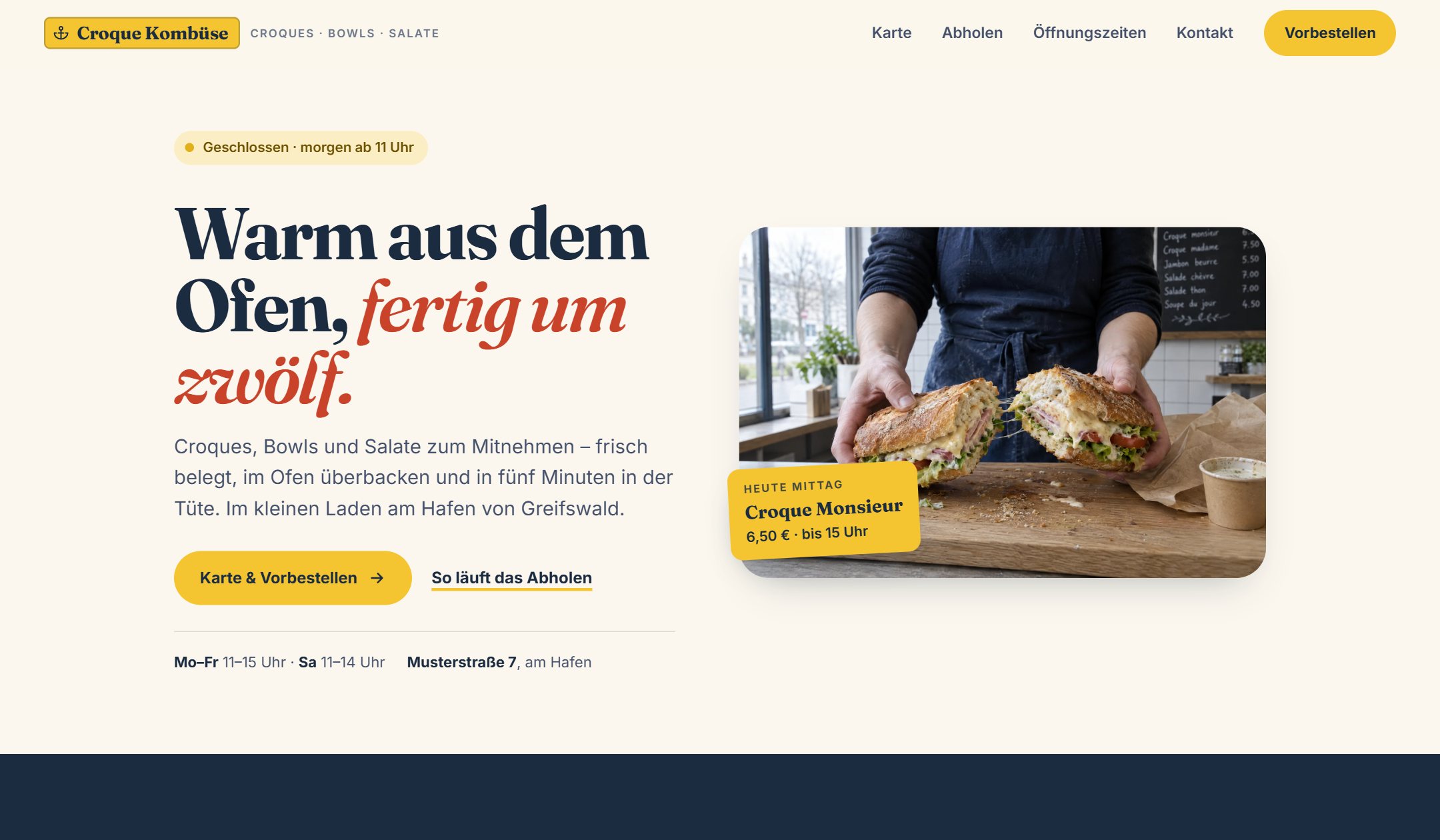Startansicht der Beispiel-Website Croque Kombüse