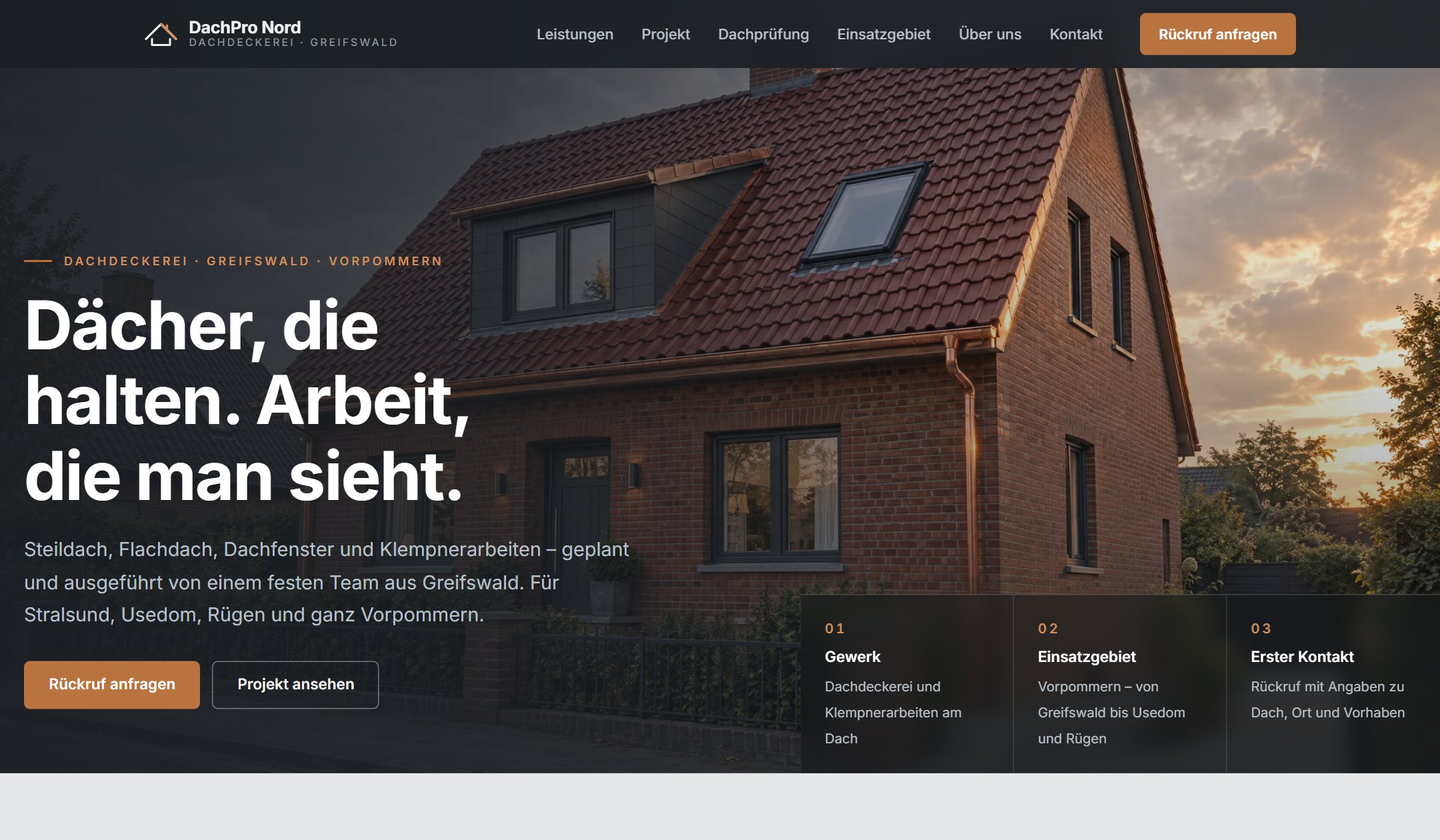 Startansicht der Beispiel-Website DachPro Nord
