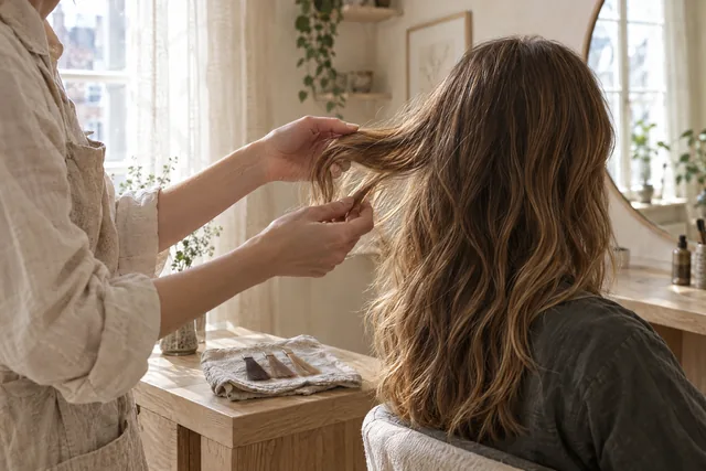 Hände heben eine Haarsträhne ins Fensterlicht, daneben Farbmuster auf Leinen