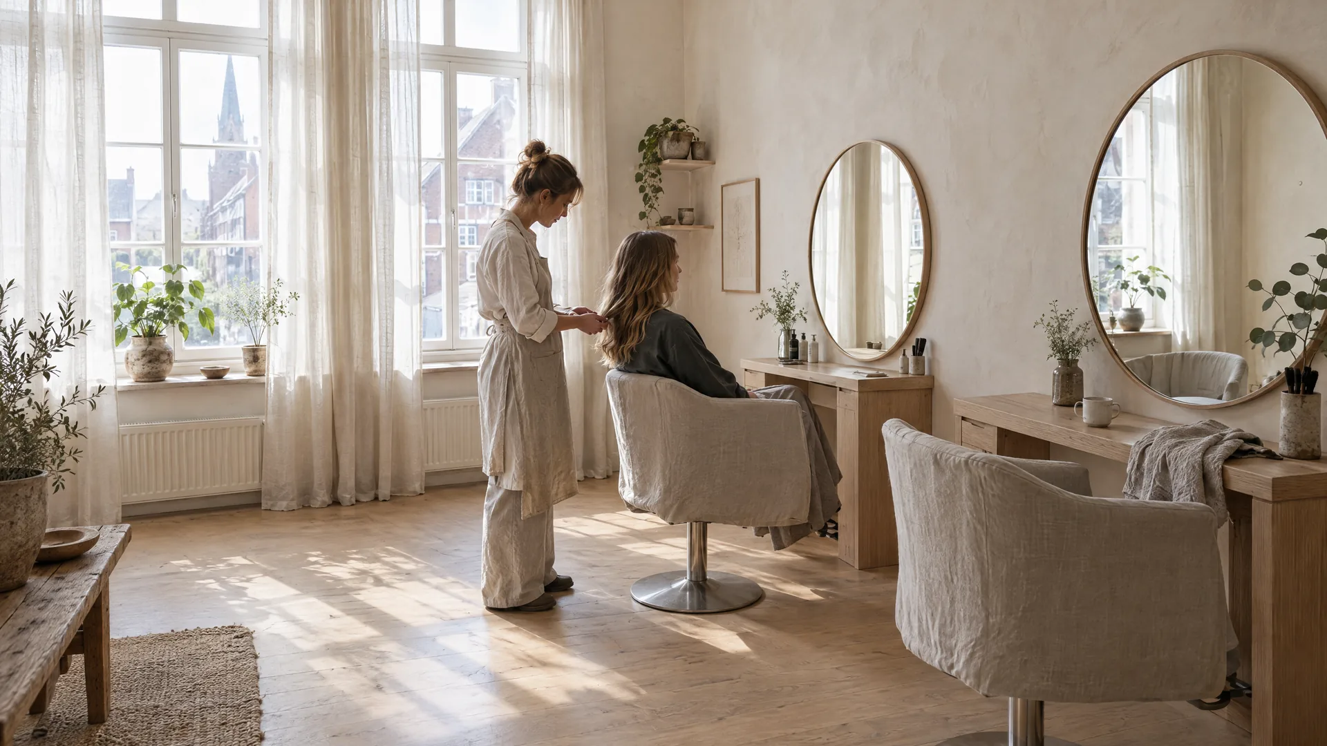 Helles Atelier mit Fensterlicht: eine Friseurin prüft im Gespräch die Haarspitzen einer Kundin