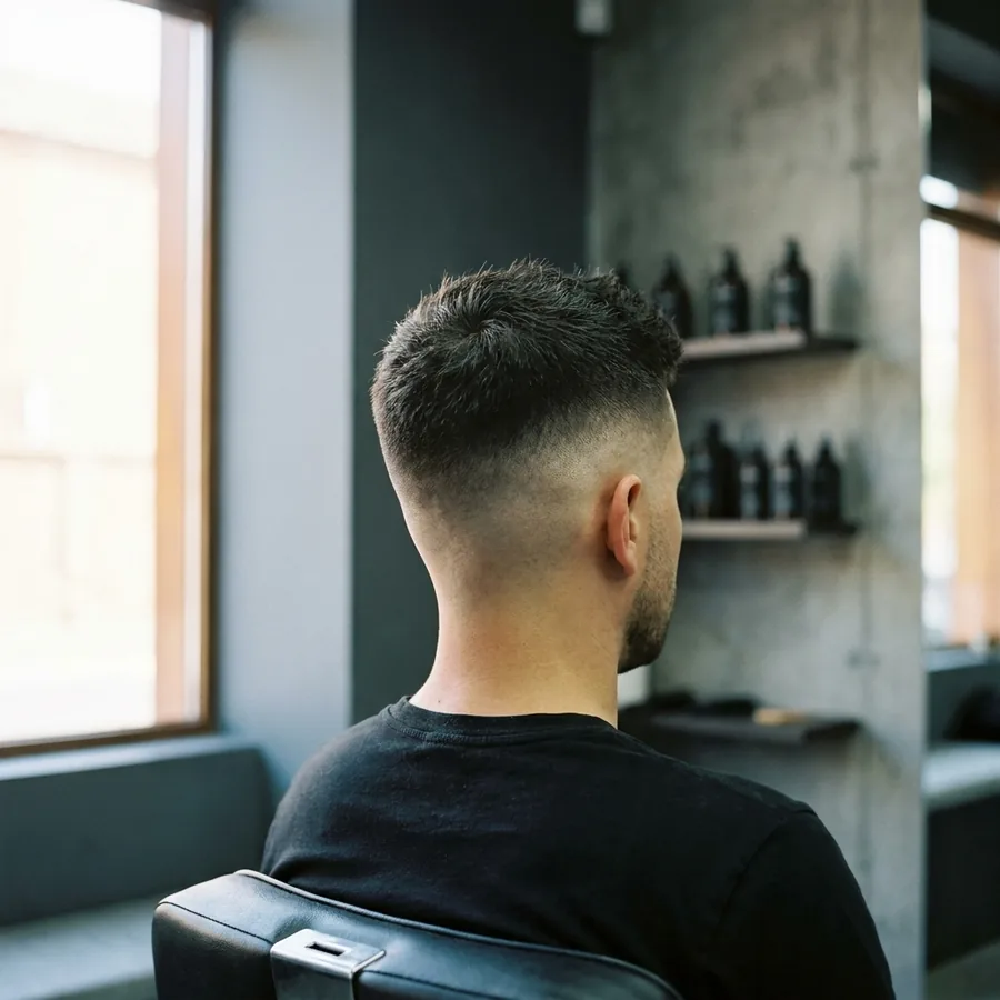 Frischer Skin Fade von hinten, Blick aus dem Fenster