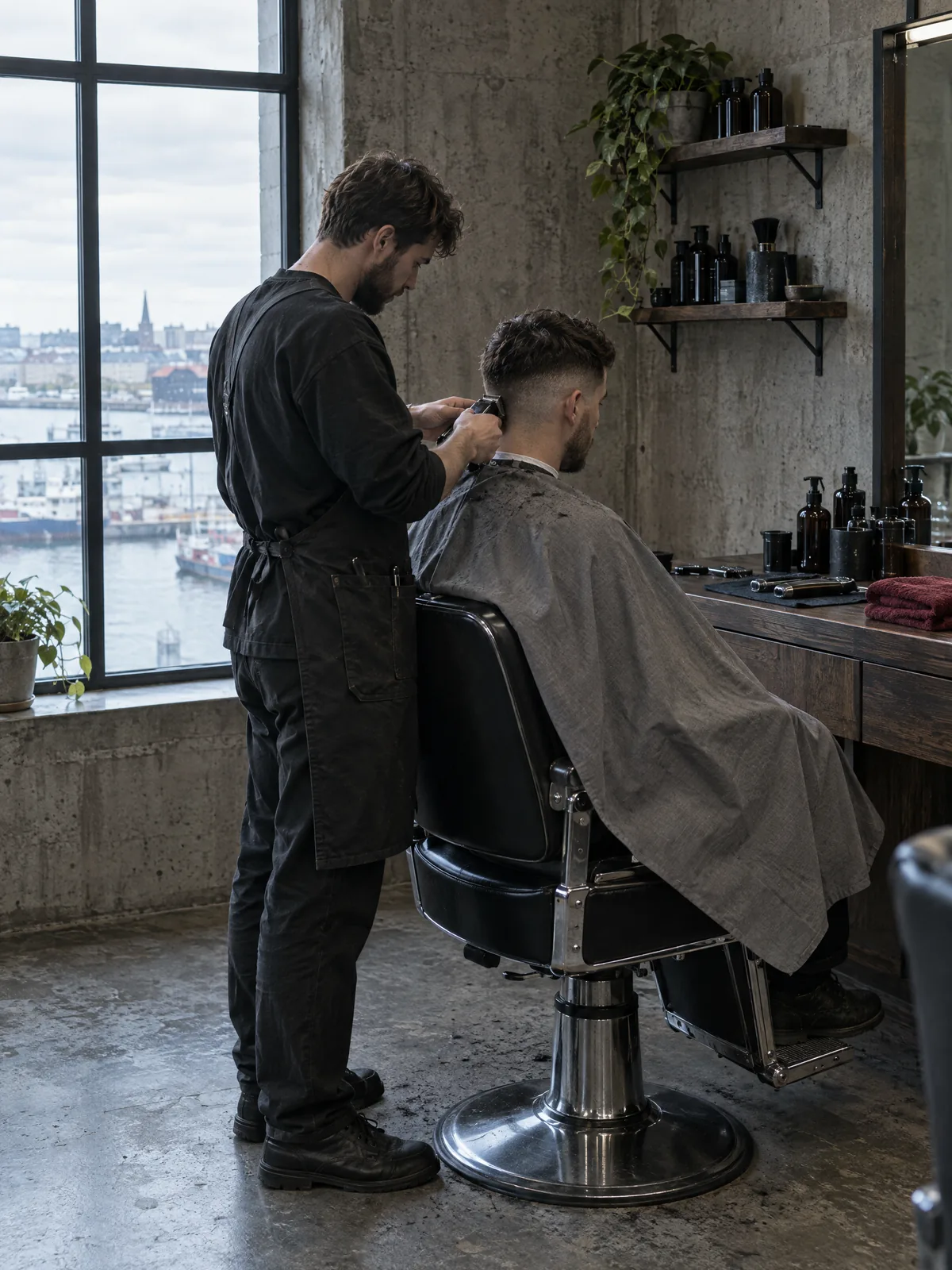 Barber in schwarzer Schürze arbeitet mit der Maschine einen Fade aus, im Fenster dahinter der Hafen