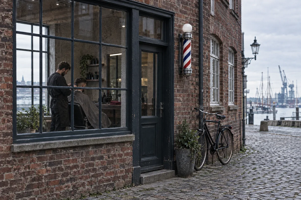 Ladenfront in einem Backsteinhaus am Hafen mit Barber-Pole, Fahrrad und Blick auf Kräne