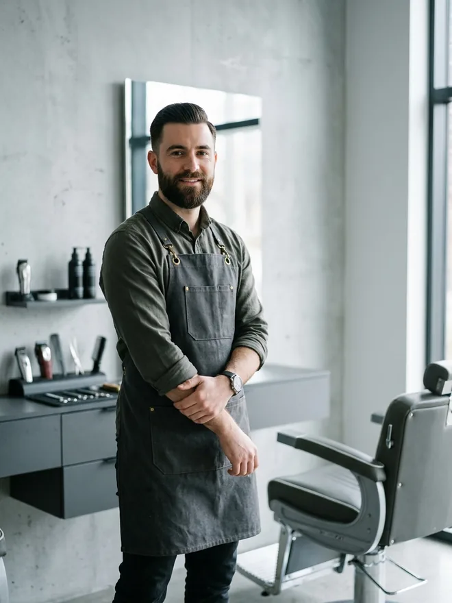 Ole Brandt, Barber mit Vollbart, in grauer Schürze vor dem Barberstuhl