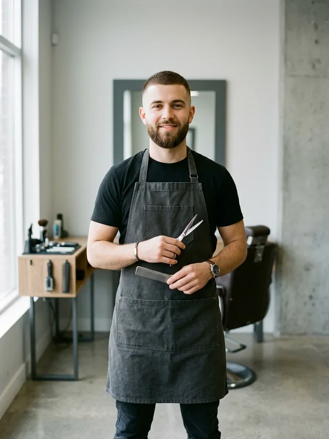 Timur Aslan, Barber mit kurzem Bart, Schere und Kamm in der Hand