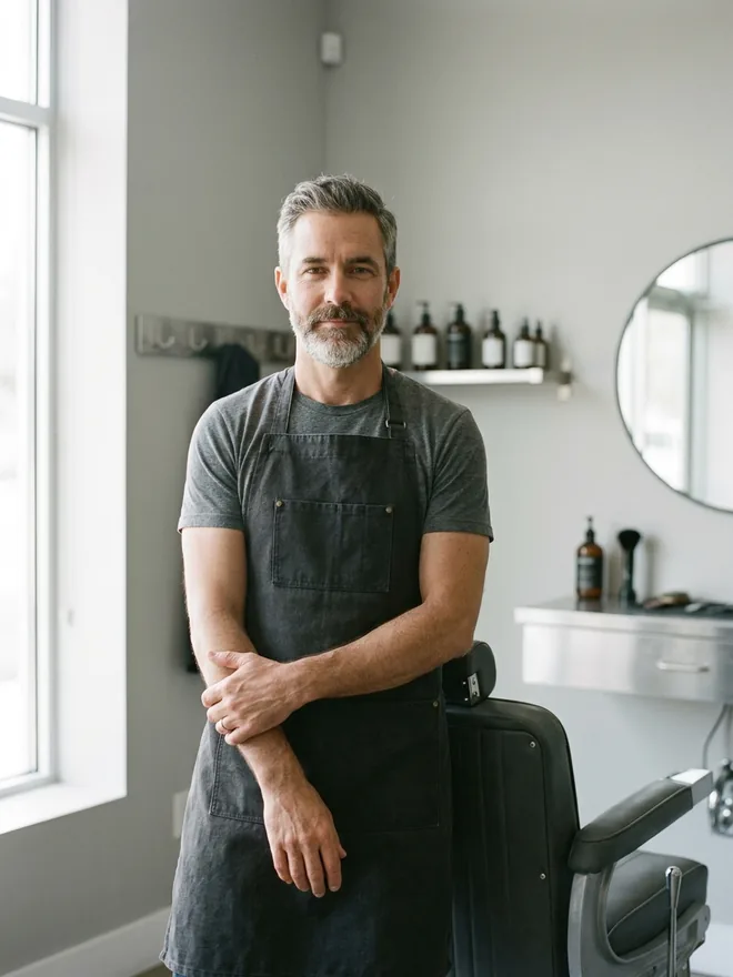 Henrik Voss, Barber mit grauem Haar, verschränkte Arme, am Fenster des Ladens