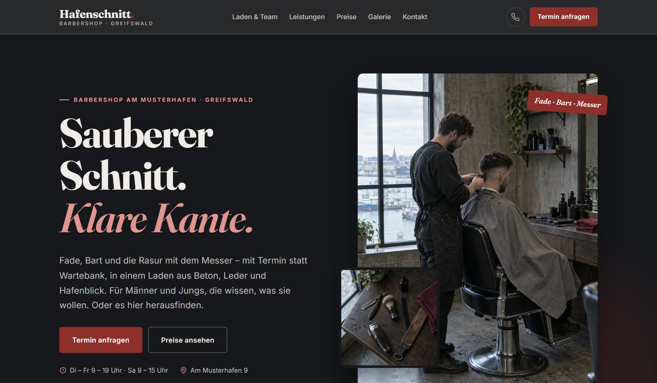 Startansicht der Beispiel-Website Hafenschnitt Barbershop