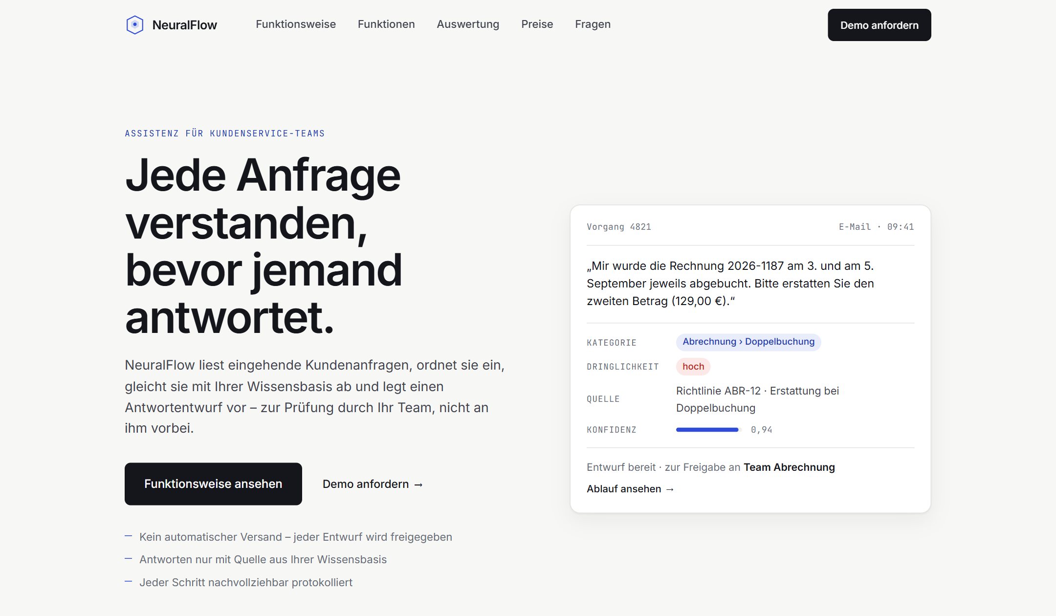 Startansicht der Beispiel-Website NeuralFlow AI