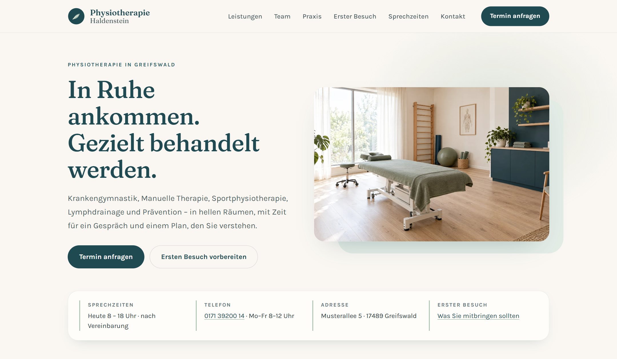Startansicht der Beispiel-Website Physiotherapie Haldenstein