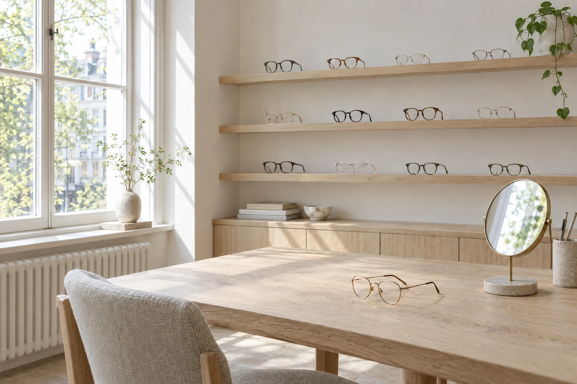 Helles Optikstudio mit Eichenregalen voller Fassungen, großem Fenster und einem Beratungstisch mit Spiegel