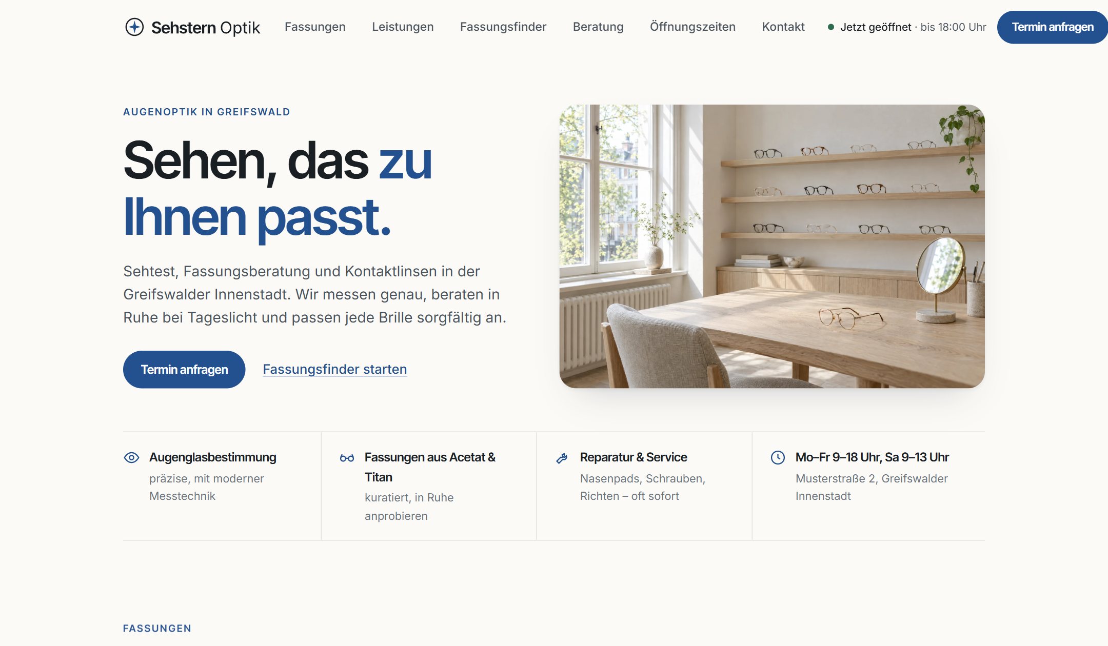 Startansicht der Beispiel-Website Sehstern Optik
